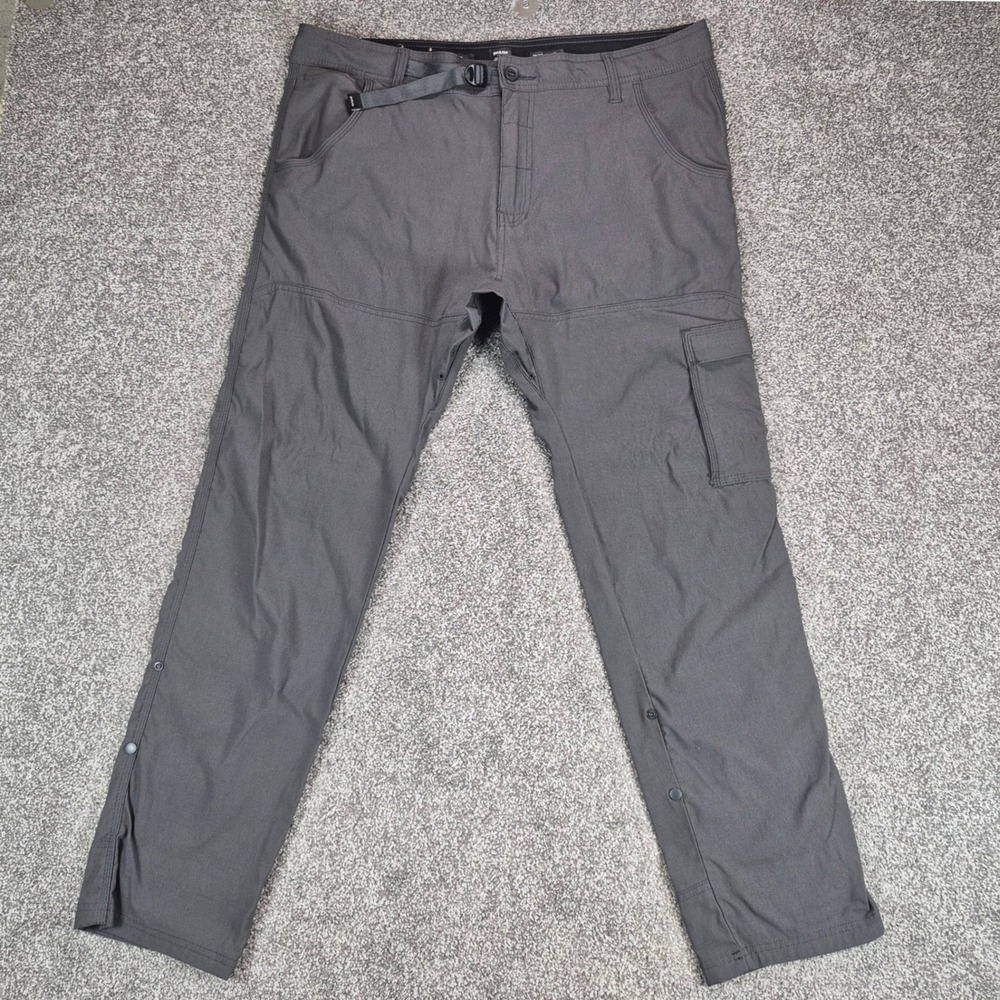 Prana Stretch Zion Pants Mens 38x32 Slim Fit Gray Belted Cargo Hiking Outdoor